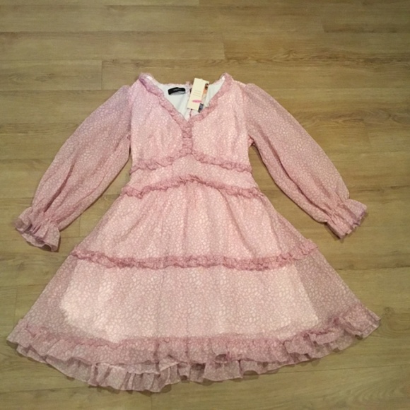 Women's Pink Deep V Neck Ruffle Flowing Mini Dress - Picture 7 of 9